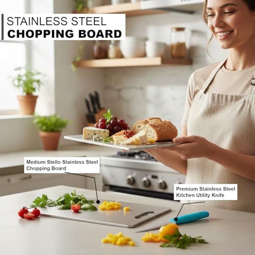 Image of SUPERMOM Kitchen Tool 2 Pc - Combo of Medium Stainless Steel Chopping Board with Stainless Steel Kitchen Utility Knife - Rustproof, Hygienic Cutting Surface for Fruits, Veggies, Meat & Daily Food Prep