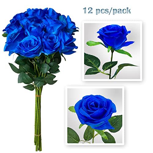 12 PCS Rose Artificial Silk Flowers, Fake Roses with Long Stems Realistic Faux Rose Flower Bouquets for Home Wedding Decoration Party-Sapphire Blue - Image 5