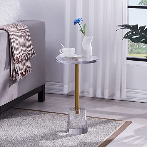 Likenow Furniture Acrylic Side Table,Clear Small Round End Table For Living Room,Bedroom,Office | Modern Nightstand With Gold Post For Drink,Food,Snack,Assembly #TOP18