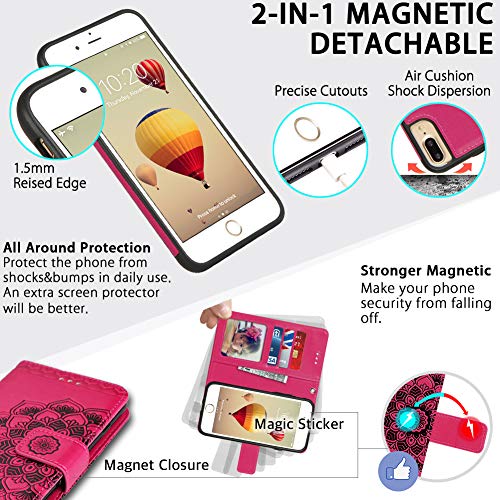 Iphone 8 Plus Case,Iphone 7 Plus Flip Embossed Leather Wallet Case With Protective Detachable Slim Case Fit Car Mount,Caseowl Mandala Flower Design With Card Slots, Strap For Iphone 7/8 Plus[Hot Pink] #TOP2