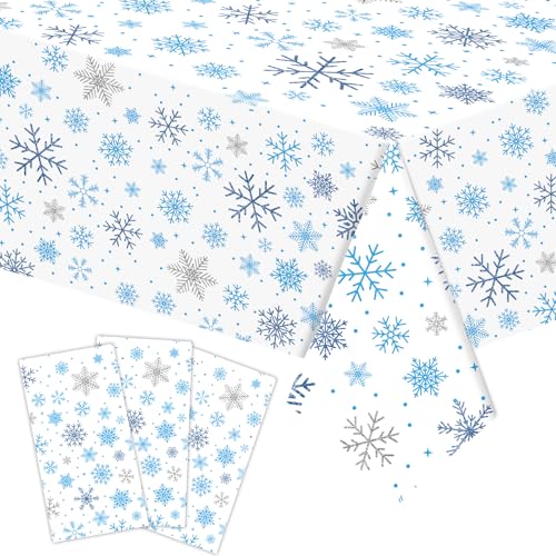 Image of Gistome 3-Piece 54 x 108 Inch Snowflake Plastic Tablecloth - Blue and White Christmas Holiday Disposable Table Cover for Winter Parties, Xmas Dinners, and Indoor Outdoor Decorations