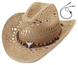 EOZY Straw Cowgirl Hat for Women Men Western Cowboy Hat Woven Hollow Out Wide Brim Sun Hat with Chin Strap/Khaki