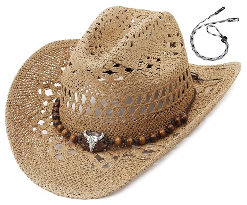 EOZY Straw Cowgirl Hat for Women Men Western Cowboy Hat Woven Hollow Out Wide Brim Sun Hat with Chin Strap/Khaki