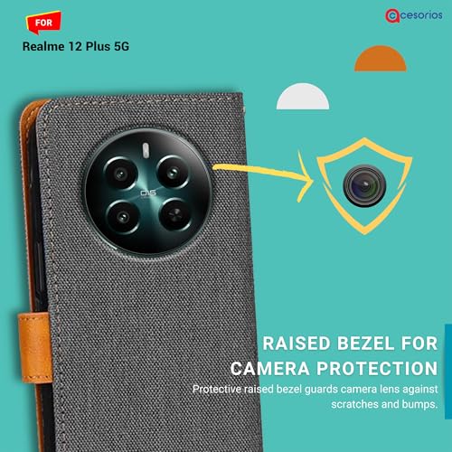 Image of Accesorios Flip Cover for Realme 12 Plus 5G | Denim & Leather | Luxury Wallet Folio | Two-Tone Design | Shockproof Wallet Style Flip Case for Realme 12 Plus 5G (Grey)