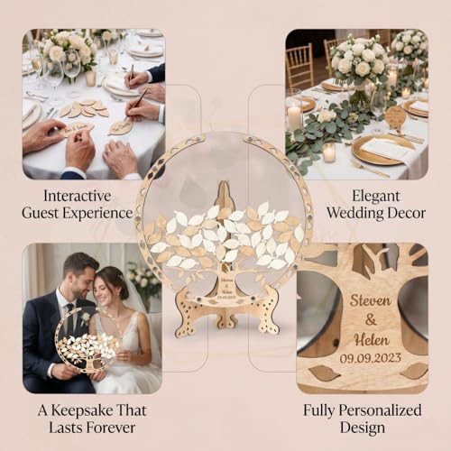 Image of Personalized Maple Tree Wedding Guest Book Alternative, Fall Leaf Drop Box | Rustic autumn reception decor; guests sign wooden leaves dropped inside as a bridal shower keepsake