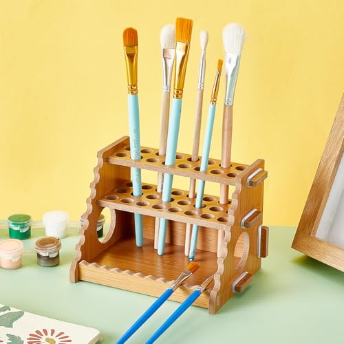 Image of AHANDMAKER Paint Brush Holder Calligraphy Brush Holder for 40 Brushes Desk Stand Paint Brush Holder Drying Stand Paintbrushes, Makeup Cosmetic Brushes, Pencils, Pens
