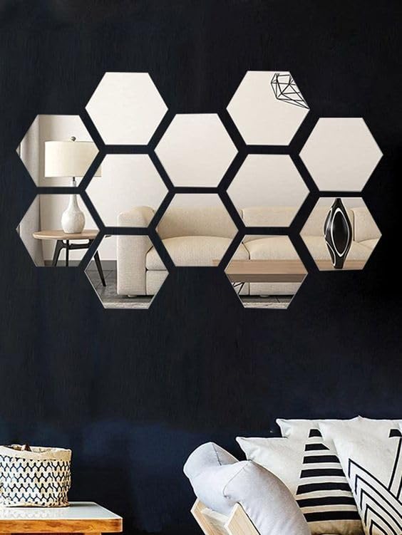Buy Hexagon 12 Silver mirror stickers for wall, hexagon mirror wall ...