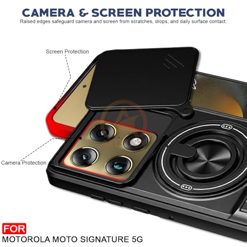 Image of Motorola Moto Signature 5G Back Cover | Armor Camera Slider 360 Degree Rotating Finger Ring Holder Case with Bracket Stand Back Case Cover (Compatible with MagSafe Accessories) (Black)