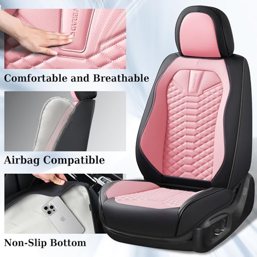 Image of Coverado Seat Covers Full Set, Waterproof Nappa Leather Seat Covers for Cars, 5 Seats Universal Car Seat Protectors, Black and Pink Leather Car Seat Covers Car Seat Cushions Fit for Most Cars