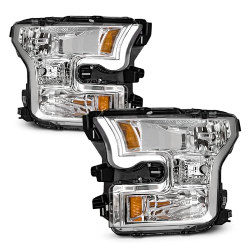 AXLAHA Headlight Assembly for 2015 2016 2017 Ford F150 with Chrome Housing Amber Reflector Driver and Passenger Side (Not compatible on models with LED or HID headlights)