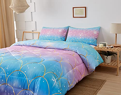 Image of Mermaid Fish Scales Bedding Comforter Set, Magical Colorful Seamless Pattern with Fish Scale net,Pink Blue Gold Colorful Mermaid Skin Surface,Comforter Sets with 2 Pillow Shams,Twin Size