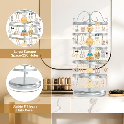Image of Modowey Rotating Earring Holder Organizer Stand, 5 Tier Metal Tree Display for Women Vendors, 220 Hole Adjustable Jewelry rack for Stud Hoop Dangle Storage, Trendy Carousel Keeps Dresser Neat, Silvery