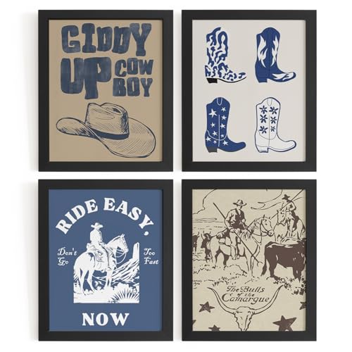WXHUM Vintage Western Cowboy Room Decor Wall Art Prints Set of 4, Retro Southwestern Country Western Bull Skull Rodeo Posters Wall Decor for Home Bedroom Living Room, 8x10 inch Unframed