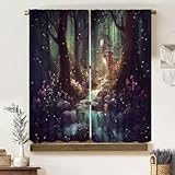 Fantasy Forest Curtains, Vintage Mystic Fairy Tale Wood Magic Cabin Waterfall Lush Floral Firefly, Thermal Insulation Blackout Rod Pocket Window Treatments for Living Room Bedroom Bathroom 42x45 Inch