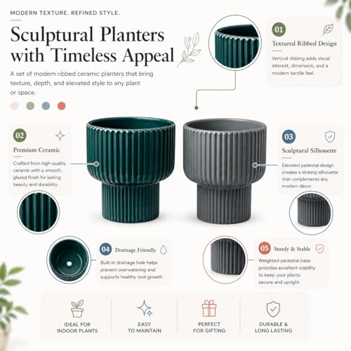 Image of Xtore Striking Ribbed Ceramic Planter Set for Indoor Plants | Contemporary Decorative Flower Pots for Living Room, Office Desk, Shelf & Tabletop Greenery (Set of 2, Teal Green & Grey, Planters only)