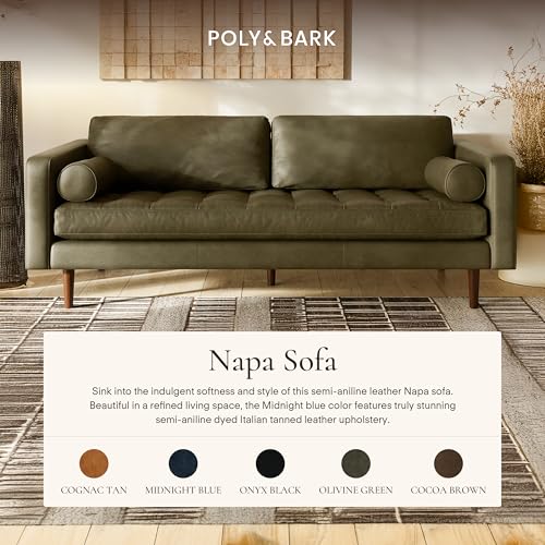 Image of Poly & BARK Napa 88.5 inch Leather Sofa - Full-Grain Italian-Tanned Aniline Leather, Feather-Down Comfort, Solid Wood Frame, Walnut Legs, Olivine Green