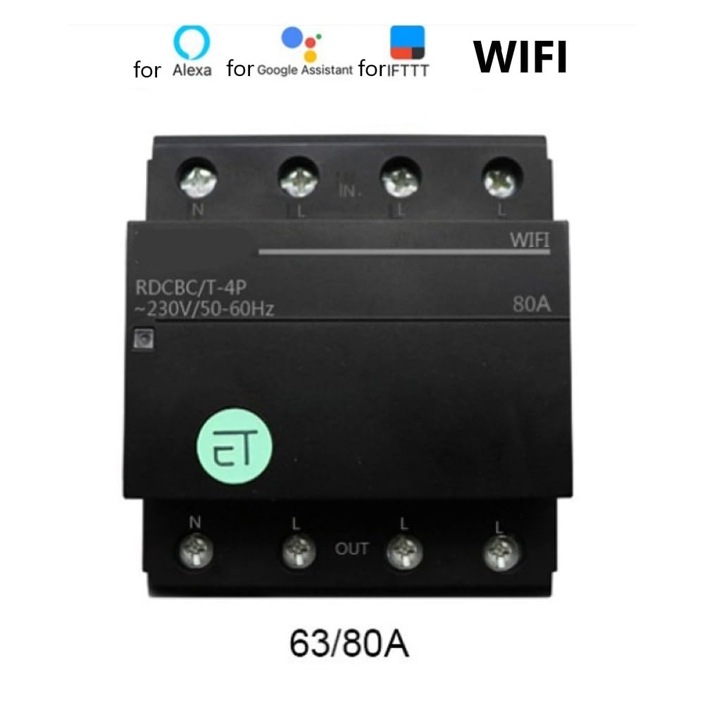 Zoegneer 2,4 GHz WiFi Smart Relais-Schalter, Fernbedienung, 4P 3-Phasen-Schutzschalter, digitale App-Steuerung, automatische Stromversorgungsmonitor, WLAN-Leitungsschutzschalter (4P-63A)