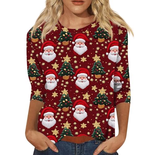 Sudadera de mujer Suéter de Navidad Curvy Sudadera Navidad sin Capucha para Mujer Manga Larga Suéter Rojo Divertido Jersey Navidad Oversize Invierno Sweatshirt Ligero Regalo Divertido, Vino, XL