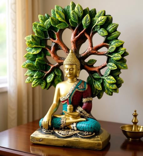 Image of Meditating Buddha Under Bodhi Tree - Premium Hand-Painted Spiritual Home Decor