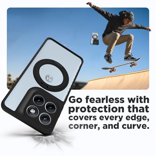 Image of RIGGEAR Shockproof Sleek Hybrid Armor 360 Rotating Magnetic Ring Stand Back Cover Case Compatible with MagSafe Accessories for Motorola Moto Edge 70 Fusion 5G (Clear PC + Black TPU Bumper)