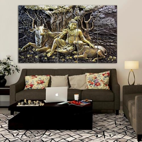 Image of Maxstone Radha Krishna Wall Painting Wall Decorative Big Size Multiple Panals Set Of -5 Multicolour Painting for Living Room, Bedroom, Office, Hotels, Drawing Room Set of 5 (30x60 inch) M1337