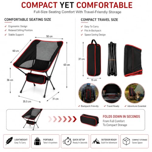 Image of Heavy-Duty Folding Camping Chair with Carry Bag, Breathable Mesh Seat and Lightweight Aluminum Alloy Frame, Easy 60-Second Setup with Anti-Slip Feet for Hiking, Fishing, Picnics, Outdoor (Black /Red)