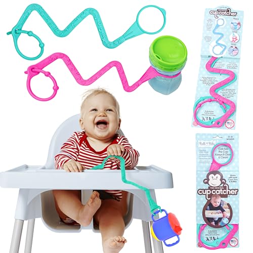 Image of Brilli Baby Cup Catcher Patented Safety Tether Strap, Attach Sippy Cups, Bottles, Pacifiers & More to Stroller, High Chair, Car Seat, Made in USA, Food Grade, Dishwasher Safe, Aqua/Pink