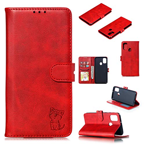 Robinsoni Case Compatible with Samsung Galaxy M30S Retro Leather Wallet Cover with Card Holder Slots Cat Printed Folio Flip Book Cover Case TPU Silicone Inner Case Kickstand Magnetic Closure Case, Red