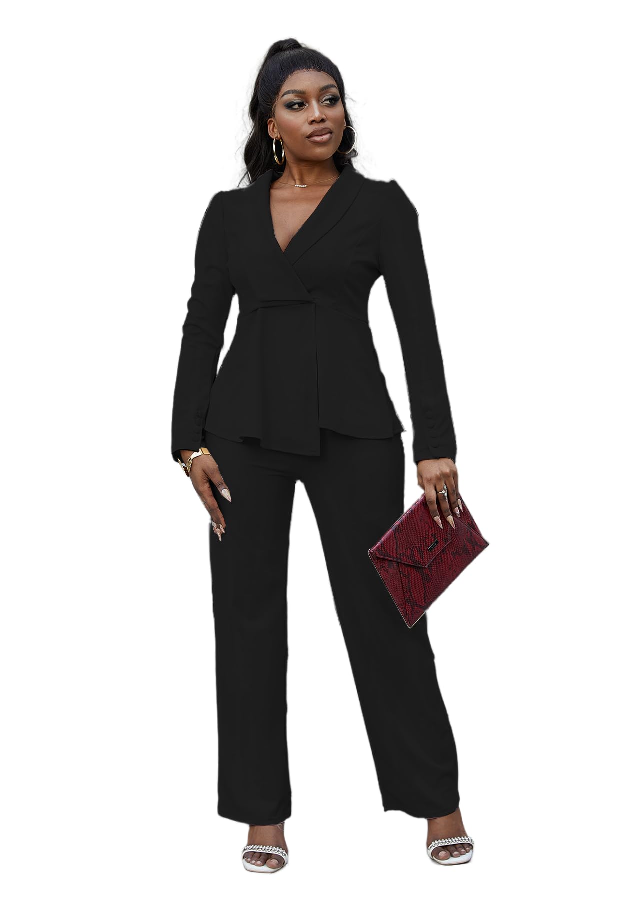 HuiSiFang Womens Pant Suits Dressy Business Casual Ruffle Blazer Pantsuits Sets 2 Piece Work Outfits