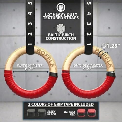 Image of Wood Gymnastics Rings with Adjustable Cam Buckle Straps Exercise Non-Slip Training for Home Gym Full Body Workout. (Red 1100lbs)