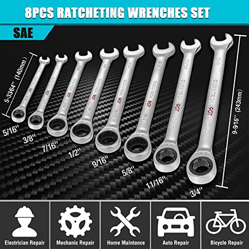 Duratech 90-Tooth Ratcheting Wrench Set, Combination Wrench Set, 8-Piece, Sae 5/16'', 3/8'', 7/16'', 1/2'', 9/16'', 5/8'', 11/16'', 3/4'', Cr-V Steel, Organized In Wrench Rack #TOP1