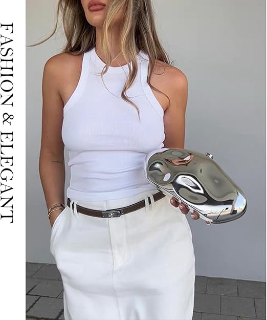 Image of Acrylic Silver Evening Clutch Purse for Women, Wedding Guest Clutch Metal Chain Shoulder Crossbody Bag
