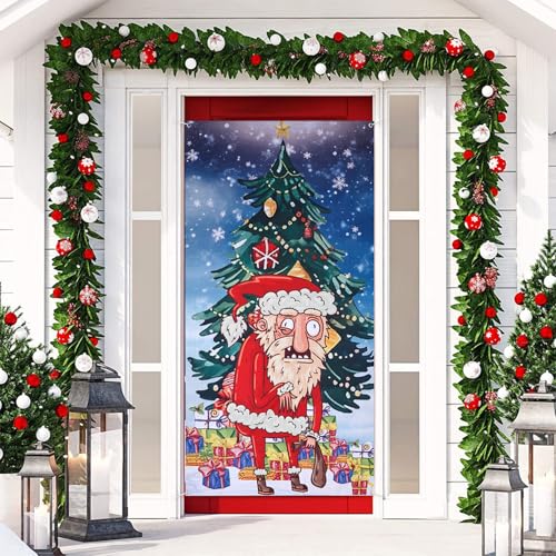 Christmas Door Cover, 1,85 x 0,9 m Gran Cubierta de Puerta con Forma de Árbol de Navidad y Papá Noel Decoraciones Navideñas para Puertas para Suministros para Fiestas Navideñas en el Hogar
