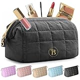 Gesteppte Schwarze Make Up Tasche für Damen, Kulturbeutel mit großer Öffnung, Praktischer Kosmetik Organizer mit Innenfächern, Beliebte Kulturtasche Damen für Reise & Alltag