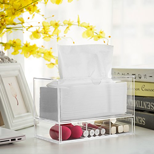 Image of Modern Clear Acrylic Countertop Pull Out Storage Drawer / Cosmetic Organizer Box w / Tissue Dispenser