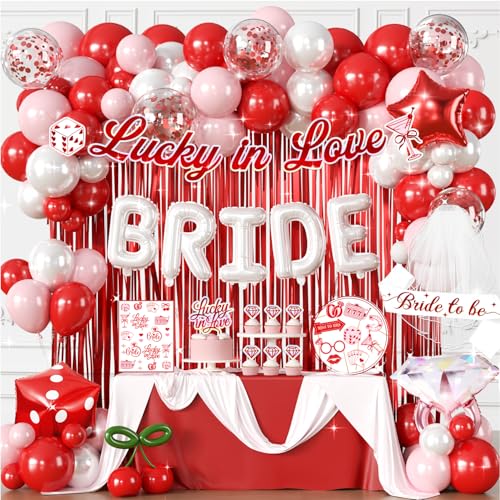 Fexivo 161 Pcs Lucky in Love Bachelorette Decorations Complete One-Stop Red Bachelorette Party Supplies With Banner Balloon Fringe Curtains Photo Props Tattoos Cake Cupcake Topper
