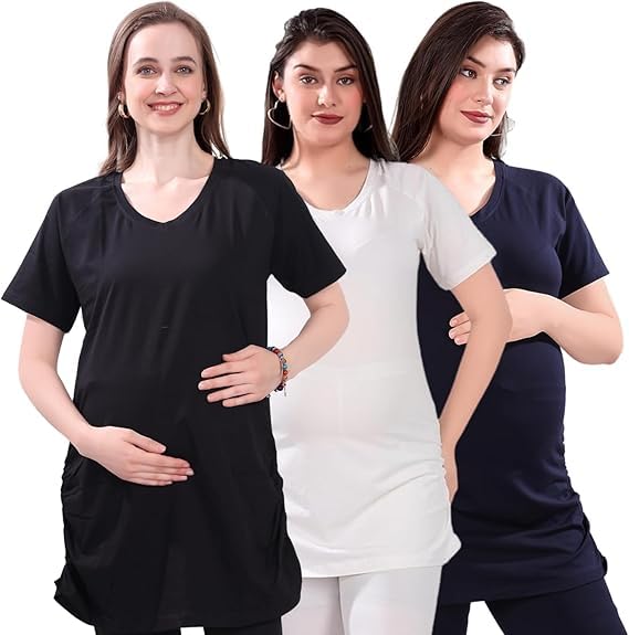 tummy Soft Cotton Maternity Top for Women | Feeding & Nursing Friendly Pregnancy Wear | Comfortable Tunic for Expecting Moms - Pack of 3-picture-32