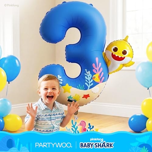 Image of PartyWoo Baby Shark Blue Foil Number 3 Balloon 40 Inch Blue Mylar Helium Birthday Number Balloons for Boys and Girls Baby Shark Under the Sea Ocean Theme Kids Third Birthday Party Decorations