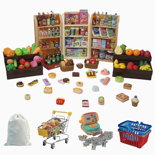 180Pcs Mini Shopping Cart Playset - Pretend Grocery Dollhouse Accessories Toys with Miniature Cash Register 2 Fruit-Veggie Stands 3 Shelves 100+ Play Food - Educational Role Play Toys for Toddlers