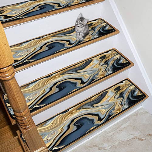 Marble Texture Seamless Silver Gold Grey Blue Black Abstract Seamless Stair Treads Carpet Runners Non Slip Self Adhesive Safety Rug Mats For Wooden Steps Kids Dogs Indoor Outdoor Step Covers 13Pcs #TOP2