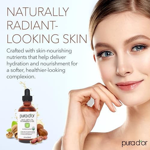 PURA D'OR 4 Oz Organic Vitamin E Oil – USDA Certified Face, Body, Hair & Bath Oil with Argan, Jojoba, Rosehip, Apricot, Almond & Avocado – Lightweight Moisturizing Blend for Soft, Smooth Skin