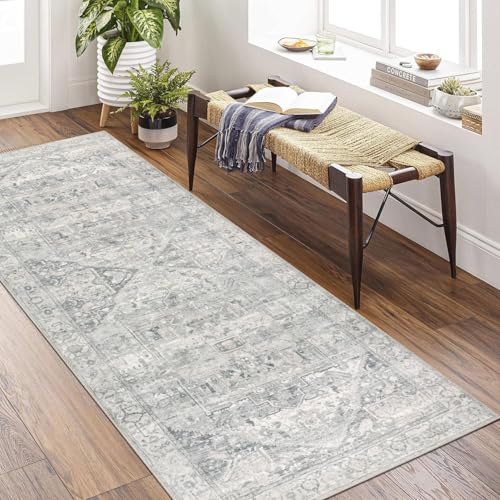 Homcomodar Alfombra Pasillo Antideslizante 80x200cm Vintage Alfombra Cocina Lavable Beige Gris Alfombra Larga de Pasillo Cocina Lavadero Entrada Habitacion