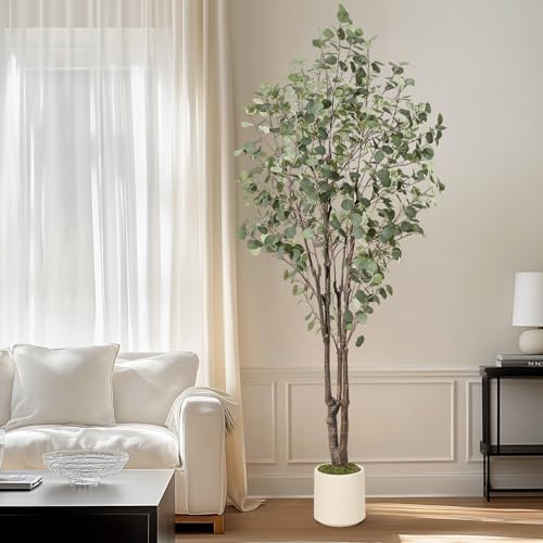 GarveeHome Artificial Eucalyptus Tree, 7 ft Tall Fake Artificial Plant with White Planter，Large...