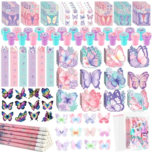 BenLouis 108Pcs Butterfly Party Favors Butterfly Fairy School Stationery Set Bulk for Kids Spring Flower Tea Birthday Birthday Goodie Bag Stuffers Classroom Gifts Rewards Pinata Filler