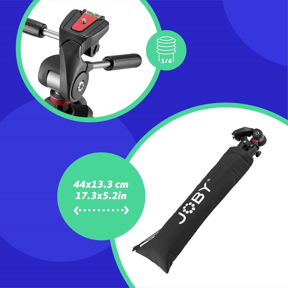 JOBY Compact Advanced Kit, Kamera-/Smartphone-Stativ mit 3-Weg-Kopf, Schnellwechselbefestigung ¼-20 ", Smartphone-Halterung, Tragetasche, DSLR, spiegellose Kamera, Farbe: Schwarz, Tragkraft 3 Kg