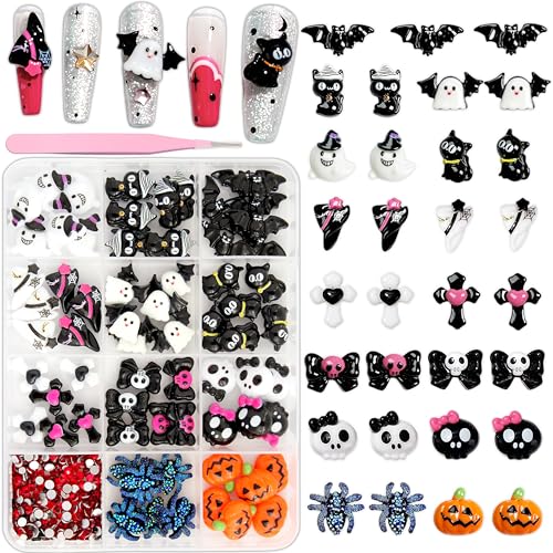 12 Grids Halloween Resin Nail Charms 3d Vintage Punk Spider Skull Pumpkin Ghost Bat Nail Art Charms Cute Wizard Hat Bows Cross Dark Red Flat-Back Red Diamond Nail Supplies for DIY Crafts Accessories