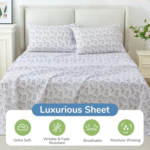 Image of MUXHOMO Full Size 4 Piece Sheet Set, Soft Breathable Bed Sheet Set for Bedroom with Deep Pocket Up to 16 inch, Wrinkle-Free & Cooling Bedding for Oeko-TEX Certified - Grey Leaves