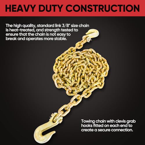Image of Dollate G80 Transport Binder Chain 3 /8 Inch x 10 Foot, Heavy Duty Chain with 5400 lbs Safe Working Load Limit, Logging Chain with Grab Hooks for Transporting, Towing, Tie Down, Binding Equipment