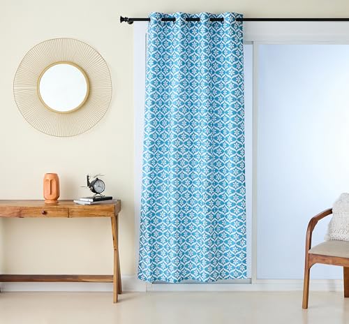 Amazon Brand - Solimo Premium Polyester Cotton Curtains | 135 GSM | 7 FT | Geometric Print | Easy Maintenance (Set of 2, Aqua)
