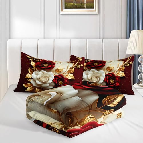 Image of AILONEN Rose Flower Comforter Queen Size with 2 Pillowcases,Luxury Red and White Bedding Set 3Pcs for All Season,Floral Romantic Theme Quilt Set for Home Decor